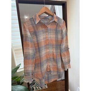 Soft Surroundings Linen Button Down Shirt Plaid Long Sleeve Relaxed Fit Tunic XS